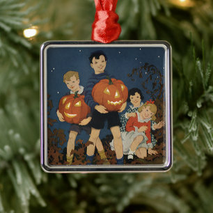 Ornement Métallique Halloween vintage, enfants tenant des citrouilles