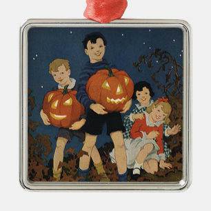 Ornement Métallique Halloween vintage, Enfants tenant des citrouilles