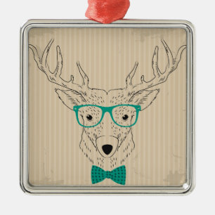 Ornement Métallique Hipster Reindeer Elk avec des lunettes grungy Noël