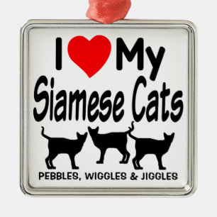 Ornement Métallique J'aime mes trois chats siamois