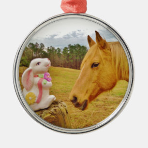 Ornement Métallique Lapin blanc et Cheval jaune