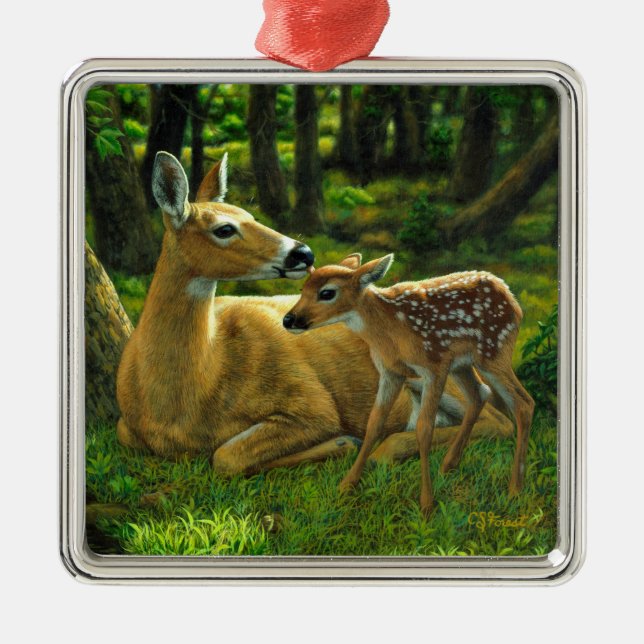 Ornement Métallique Le printemps blanc Fawn et la mère Deer (Devant)