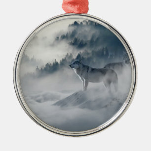 Ornement Métallique Loups majestueux dans la brume forestière
