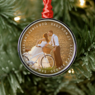 Ornement Métallique Mr & Mrs First Christmas Circle Texte Mariage Phot