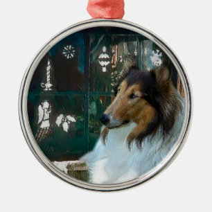 Ornement Métallique Noël Collie à la fenêtre
