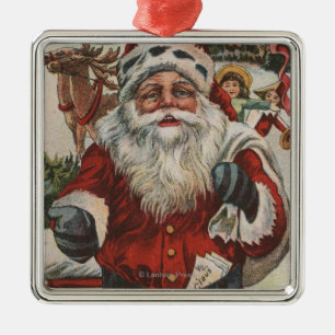 Ornement Métallique Noël GreetingSanta avec des cerfs communs et des