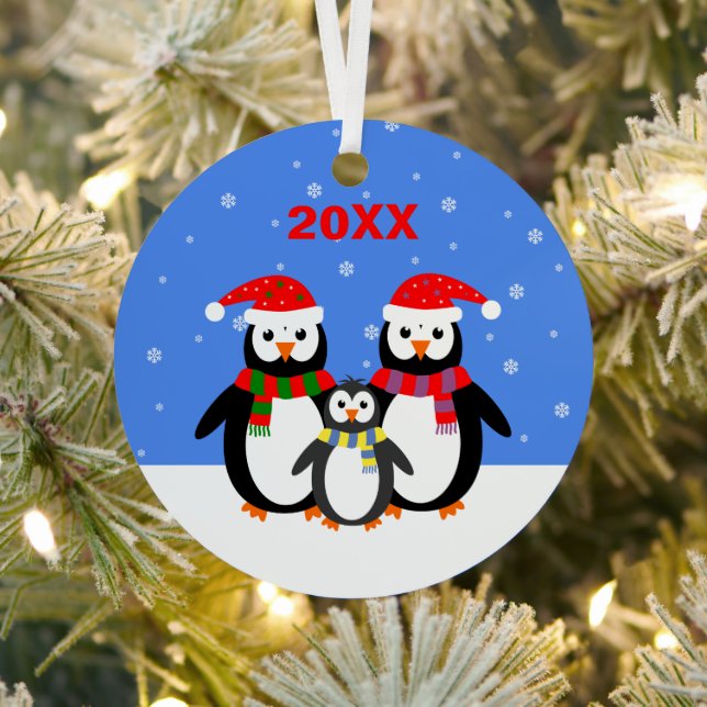 Ornement Métallique Noël pingouins mignons ajouter nom date à deux côt (Insitu)