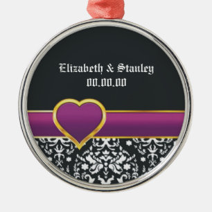Ornement Métallique Noir blanc damassé mauve coeur Enregistrer la date