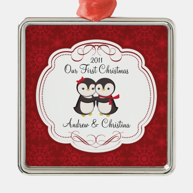 Ornement Métallique Nos premiers couples de pingouin d'ornement de (Devant)