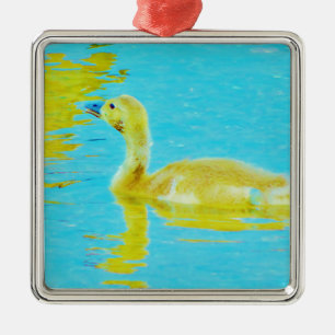 Ornement Métallique Oie-bébé jaune avec eau bleu clair