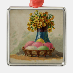 Ornement Métallique Panier de Pâques Œufs Fleurs Antique