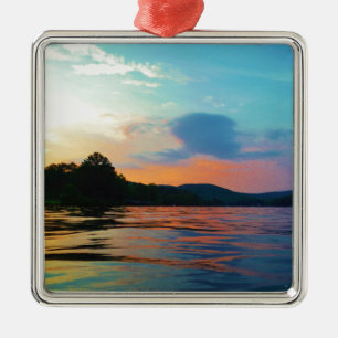 Ornement Métallique Pêche et coucher de soleil sur le lac de montagne