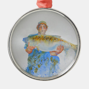 Ornement Métallique Pêcheur peinture d'aquarelle cadeau de pêche pour