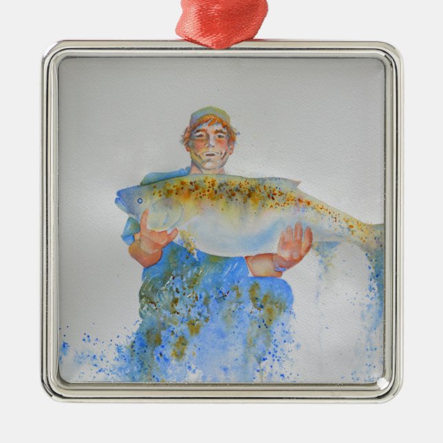 Ornement Métallique Pêcheur peinture d'aquarelle cadeau de pêche pour  (Devant)