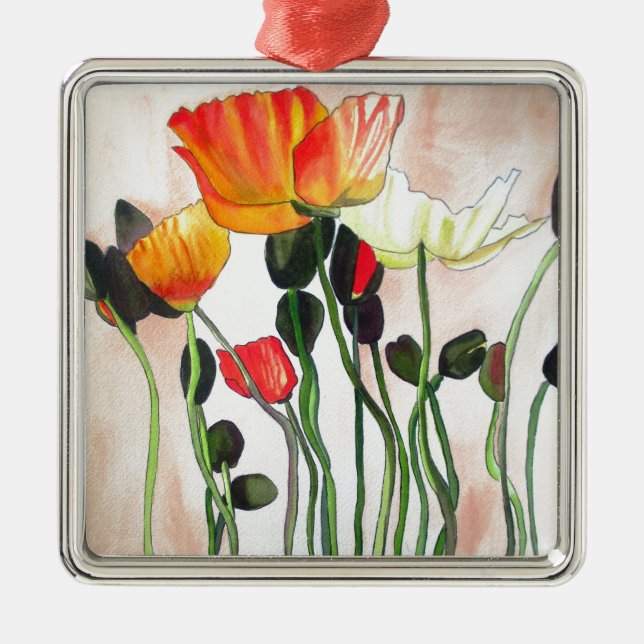 Ornement Métallique Peinture aquarelle de fleurs de pavot orange (Devant)