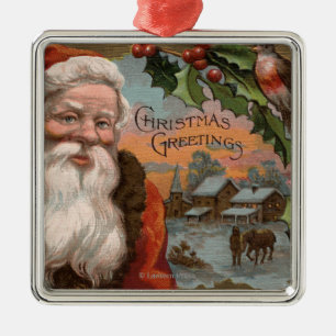 Ornement Métallique Père Noël avec le houx, scène de village
