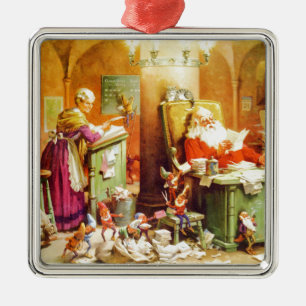 Ornement Métallique Père Noël et Mme Claus et les Elfes vérifient s