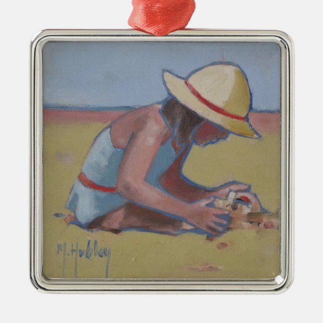 Ornement Métallique Plage Kid Cute petite fille jouant dans le sable (Devant)