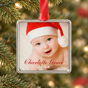 Ornement Métallique Première photo de bébé avec monogramme de Noël en