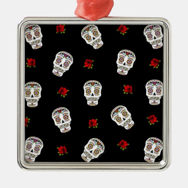 Ornement Métallique RAB Rockabilly Sugar Skulls Roses On Black (Devant)