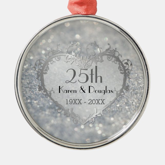 Ornement Métallique Sparkle Coeur d'argent 25e anniversaire Mariage (Devant)