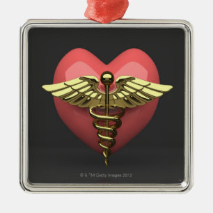 Ornement Métallique Symbole de coeur avec le symbole médical (caducé