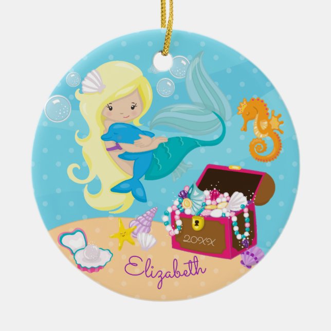 Ornement mignon de Noël de sirène et de dauphin (Devant)