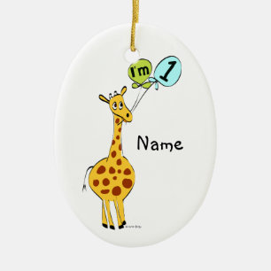 Ornement Ovale En Céramique 1er anniversaire Girafe avec ballons