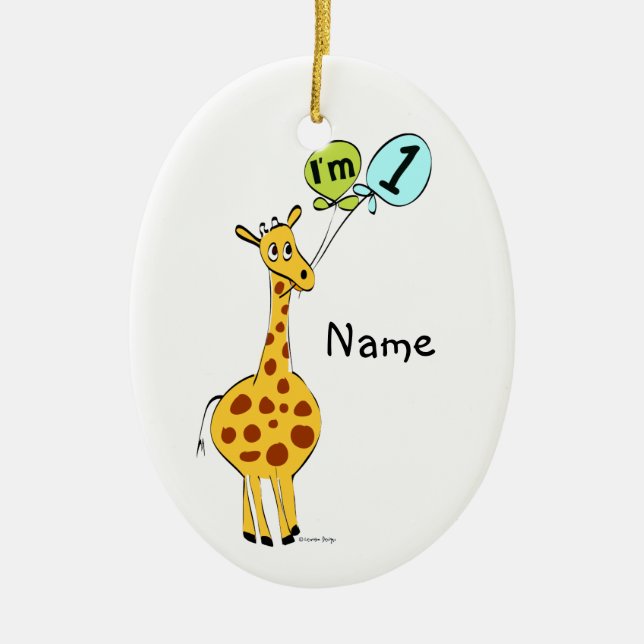 Ornement Ovale En Céramique 1ère Giraffe d'anniversaire avec ballons (Devant)