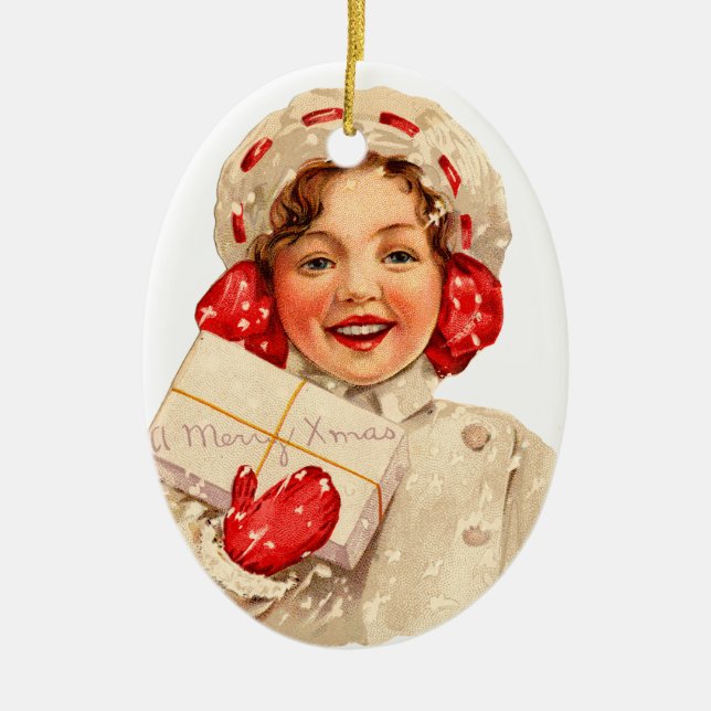 Ornement Ovale En Céramique Ancien Noël, Fille (Devant)