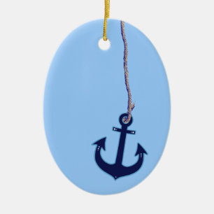 Ornement Ovale En Céramique ancre bleu marine