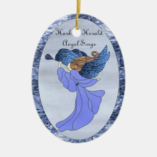 Ornement Ovale En Céramique Ange en verre souillé de bleu