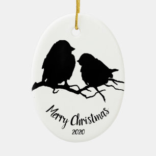 Ornement Ovale En Céramique Aquarelle Danse Oiseau Couple Joyeux Noël
