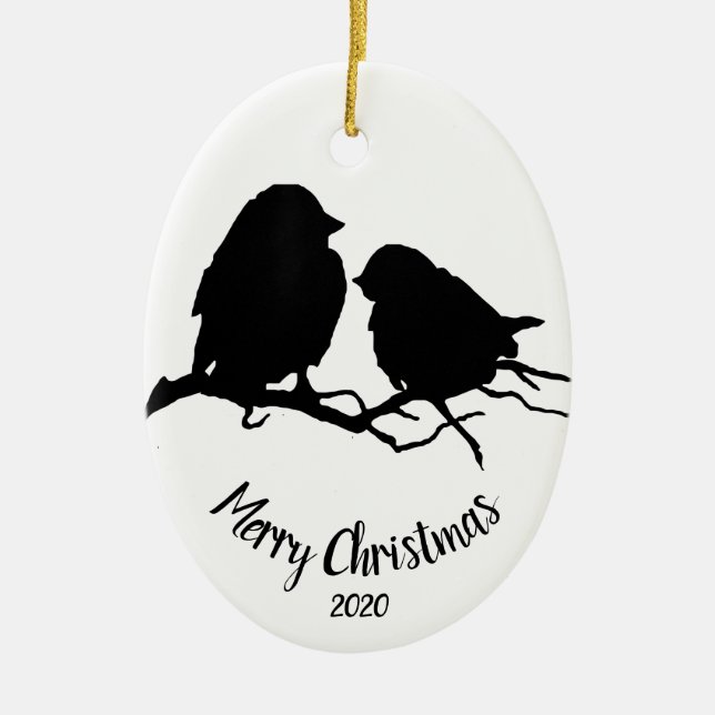 Ornement Ovale En Céramique Aquarelle Danse Oiseau Couple Joyeux Noël (Devant)