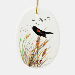 Ornement Ovale En Céramique Aquarelle Oiseau-noir à ailes rouges - Collection 