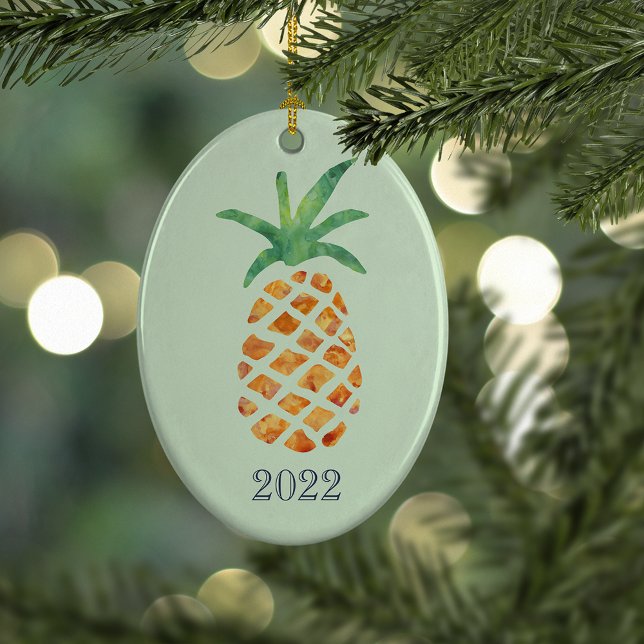 Ornement Ovale En Céramique Aquarelle tropicale Ananas Gardien vert Année (Créateur téléchargé)