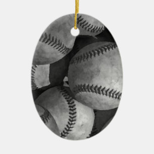 Ornement Ovale En Céramique Baseball noir et blanc