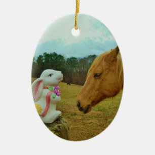 Ornement Ovale En Céramique Blond Jaune cheval & Bunny de Pâques