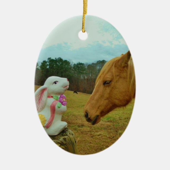 Ornement Ovale En Céramique Blond Jaune cheval & Bunny de Pâques (Devant)