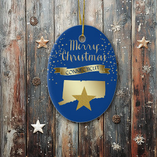 Ornement Ovale En Céramique Blue Gold Connecticut Star