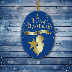 Ornement Ovale En Céramique Blue Gold New Jersey Star