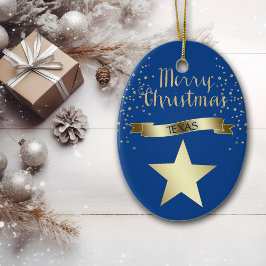 Ornement Ovale En Céramique Blue Gold Texas Star