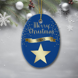 Ornement Ovale En Céramique Blue Gold Texas Star