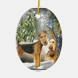 Ornement Ovale En Céramique Cadeaux de la Journée d'hiver d'Airedale Terrier
