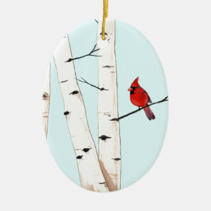 Ornement Ovale En Céramique Cardinal avec des arbres de bouleau
