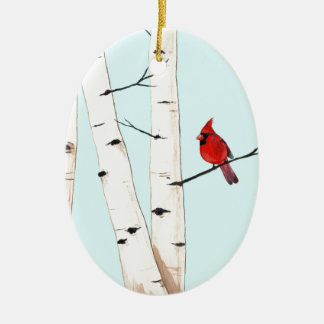 Ornement Ovale En Céramique Cardinal avec des arbres de bouleau