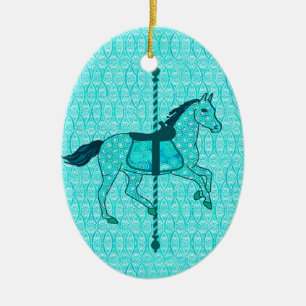 Ornement Ovale En Céramique Carousel Horse - Turquoise and Aqua