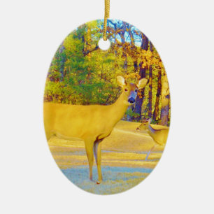 Ornement Ovale En Céramique Cerf de couleur moutarde avec bleu clair