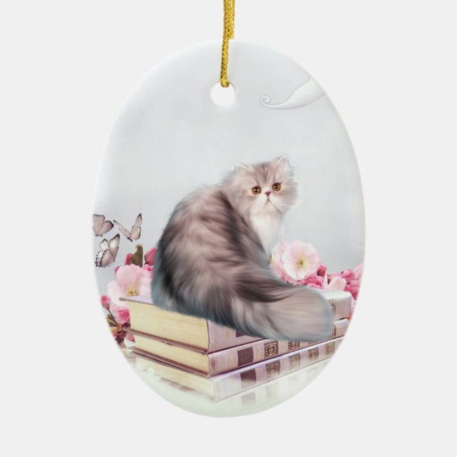 Ornement Ovale En Céramique Chat et livres perses (Devant)