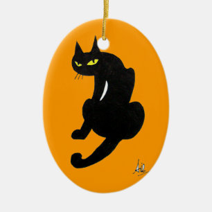 ORNEMENT OVALE EN CÉRAMIQUE CHAT NOIR HALLOWEEN PARTY
